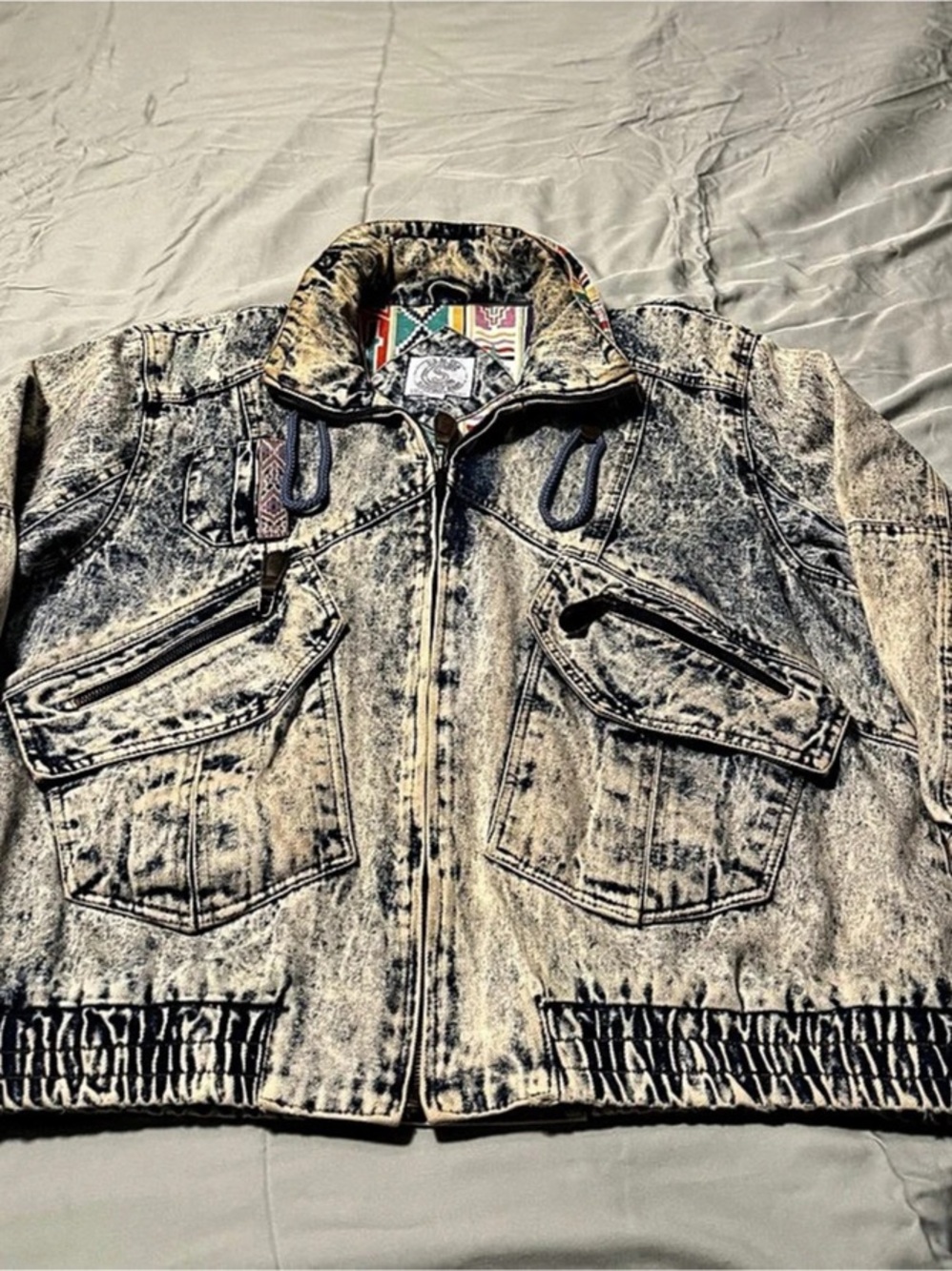 Vintage Current Seen Acid Wash Denim Jacket 18W Hidden Hood Geometric Lining